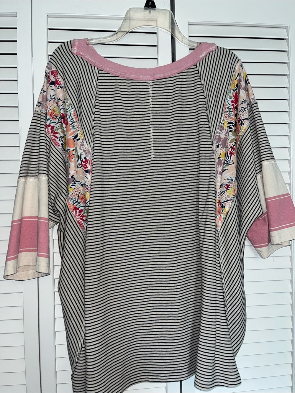 easel black and creamStriped Tunic with Pink Floral Accent - Picture 2 of 3